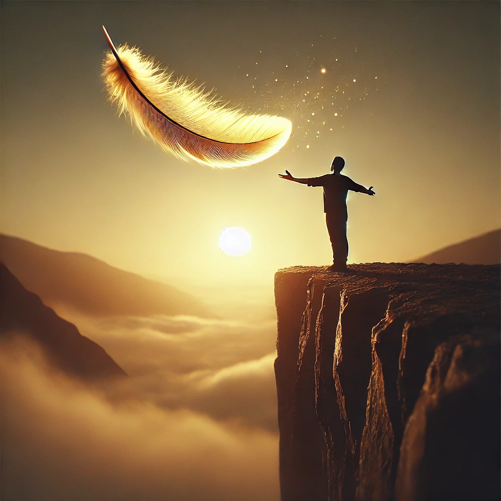 A person stands on a cliff edge, arms outstretched, gazing at a large floating feather against a golden sky with mountains and a sunlit backdrop.