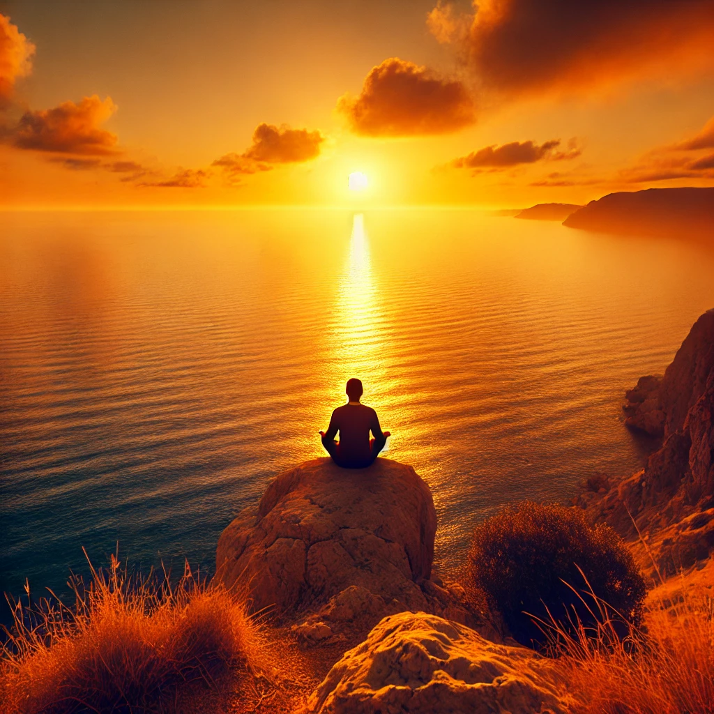 Person sitting on a rock, overlooking the ocean during a vibrant sunset with clouds, creating a golden reflection on the water.