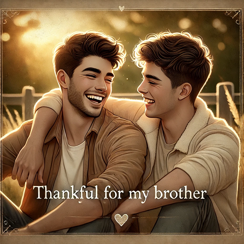 Two smiling brothers sit together in a sunlit outdoor setting. Text reads, "Thankful for my brother.