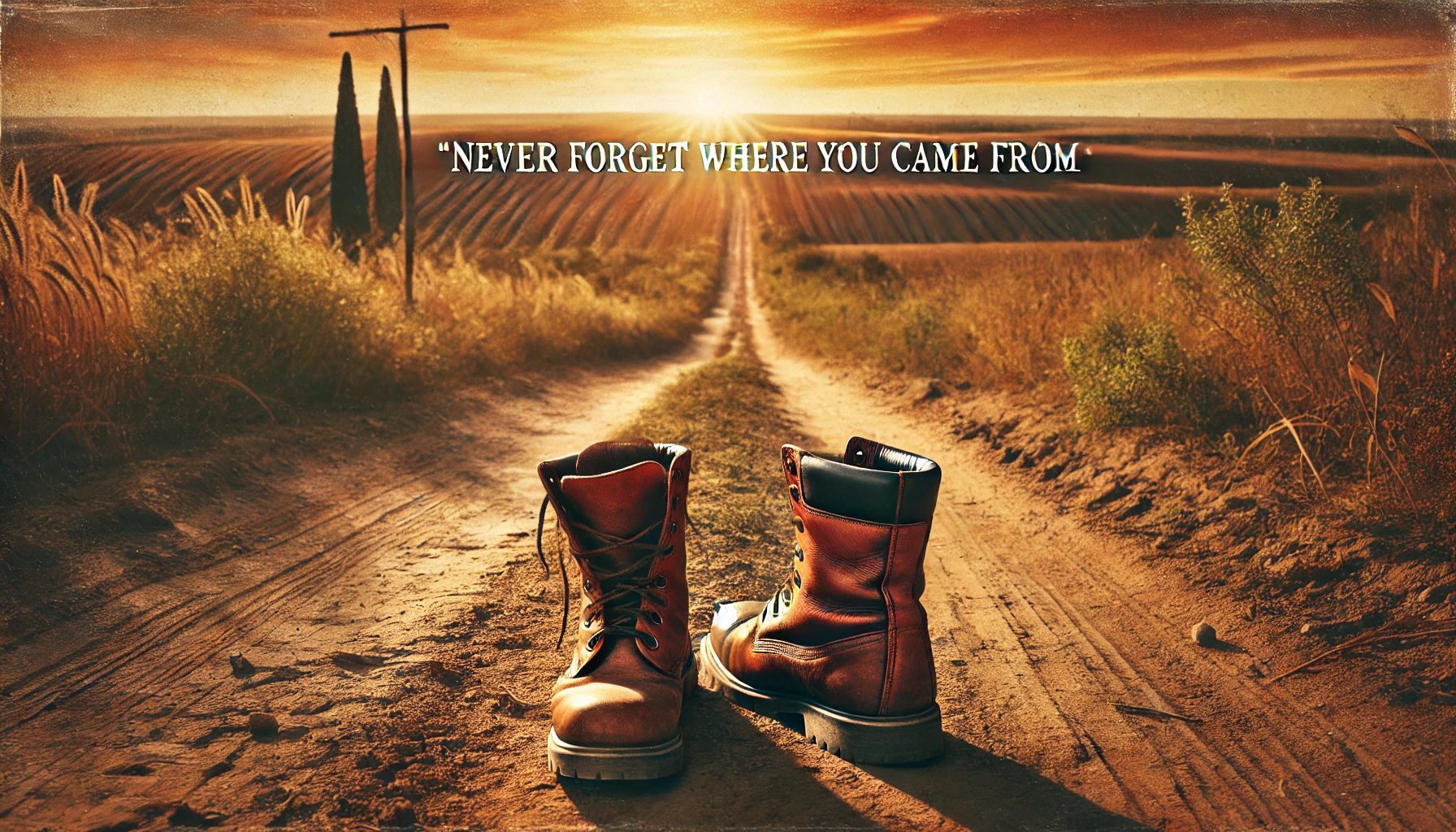 A pair of boots on a dirt road at sunset with the text "Never forget where you came from" above.