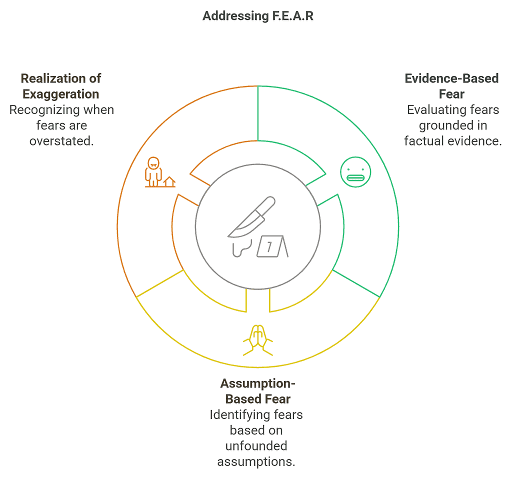 A diagram titled "Addressing F.E.A.R." features three sections: Realization of Exaggeration, False Evidence Appearing Real, and Assumption-Based Fear. Each section is enhanced with icons and descriptions to help effectively deal with fear.