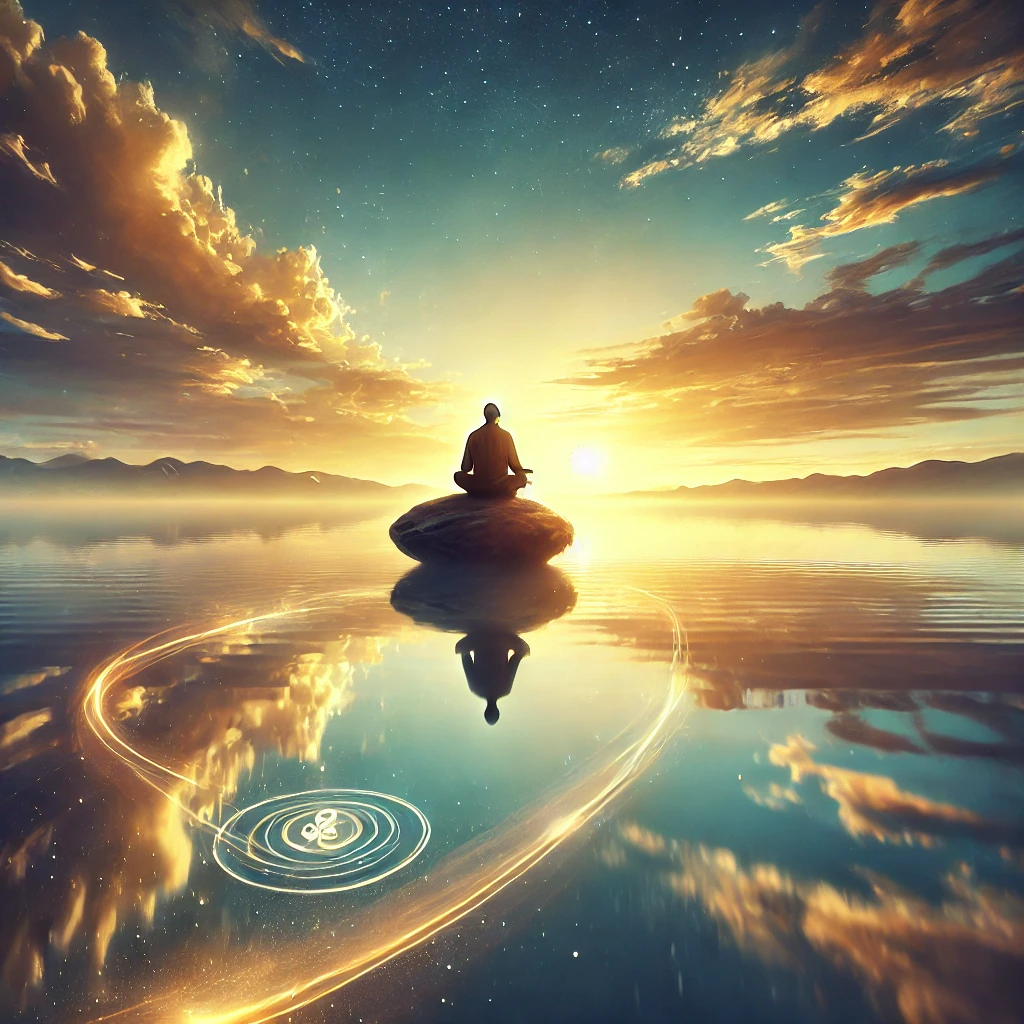 A person meditates on a rock in a calm, reflective body of water at sunset, with swirling light patterns on the surface.